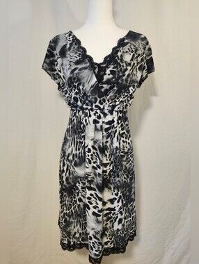Clientele Black & White Animal Print Lace-Trim Dress
